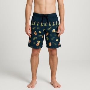 Solitude Men’s Blue Hawaiian Board Shorts Size 30 Tropical Floral Polynesian